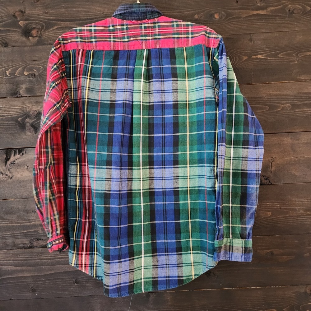 Y2K Tommy Hilfiger Patchwork Tartan Plaid Oxford Button Down Shirt L Academia - Picture 4 of 10